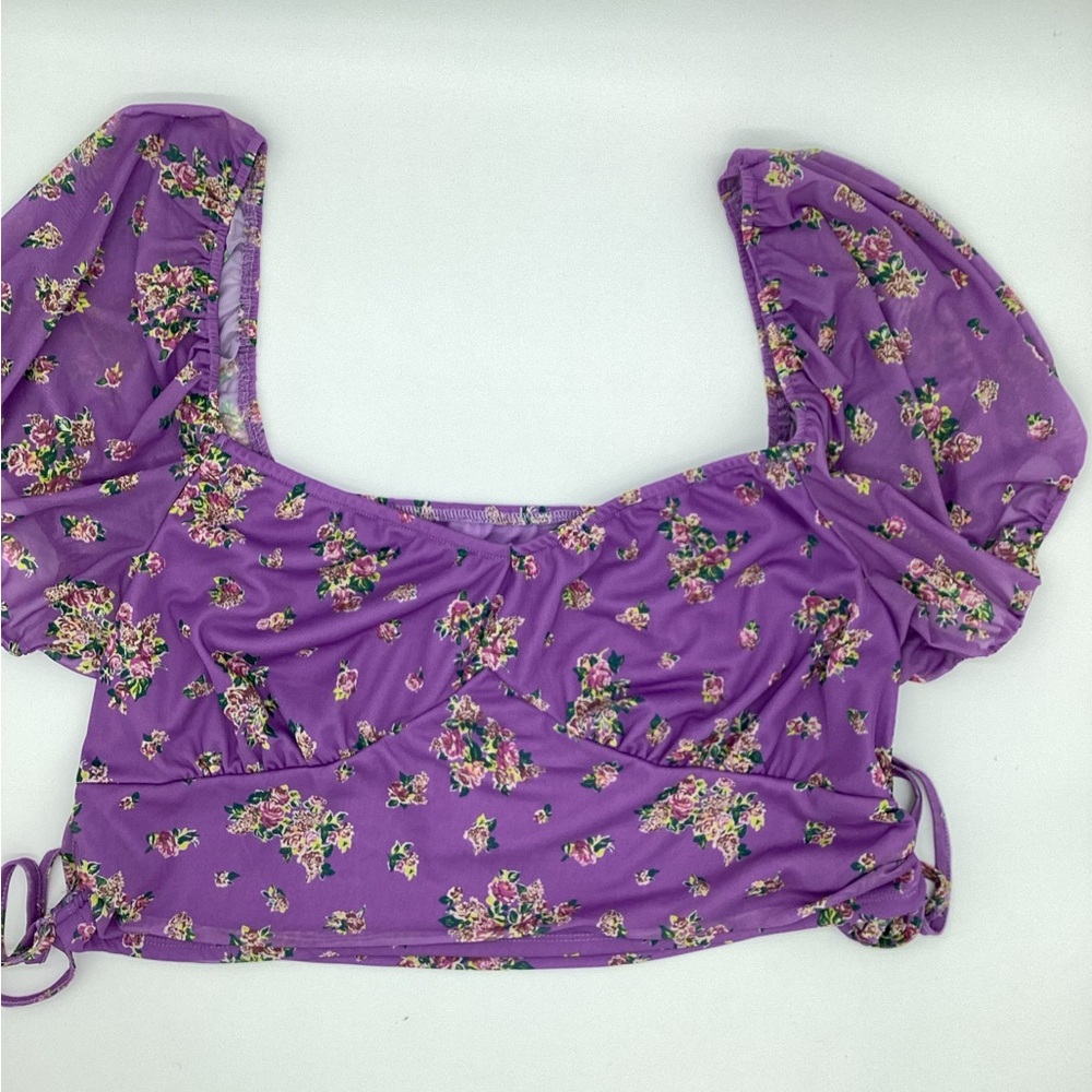 love, Fire Purple Floral Puff-Sleeve Crop Top with Square Neck NWT